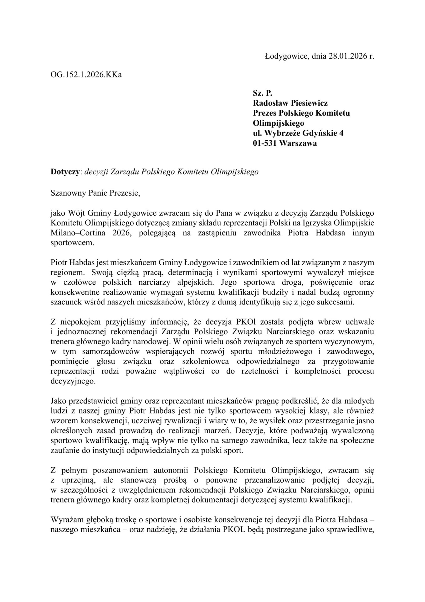 Władze gminy Łodygowice piszą do PKOl w obronie Piotra Habdasa!
