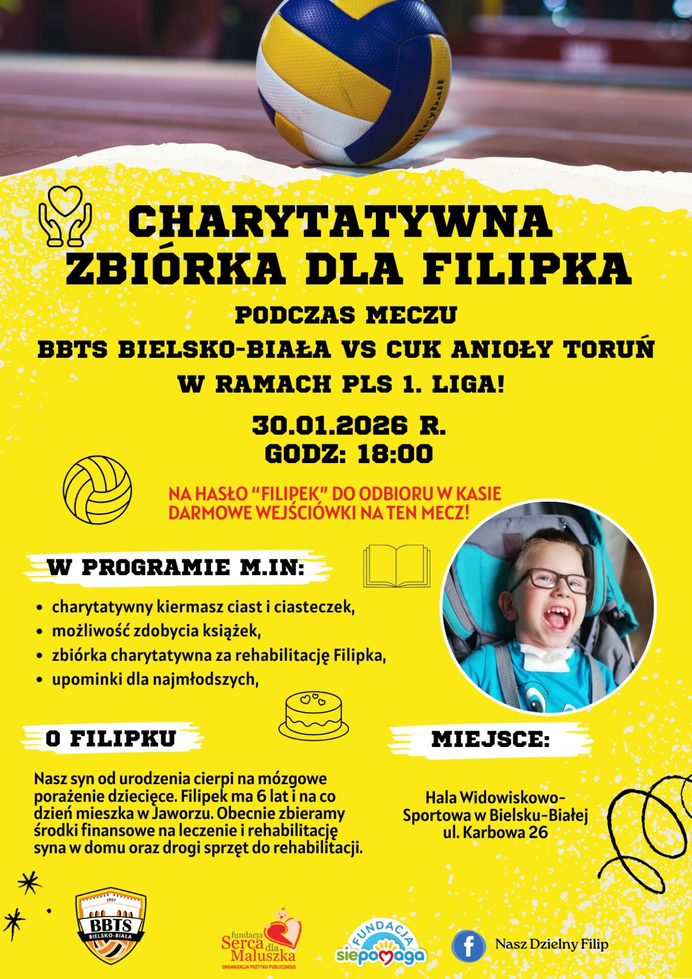 Mecz na szczycie i wielkie serca pod Dębowcem. BBTS Bielsko-Biała gra dla Filipka z Jaworza!