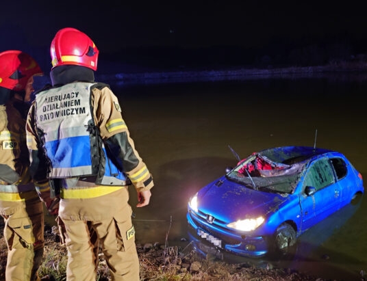 Bestwina: Samochód wpadł do stawu i dachował! W aucie były cztery osoby | ZDJĘCIA