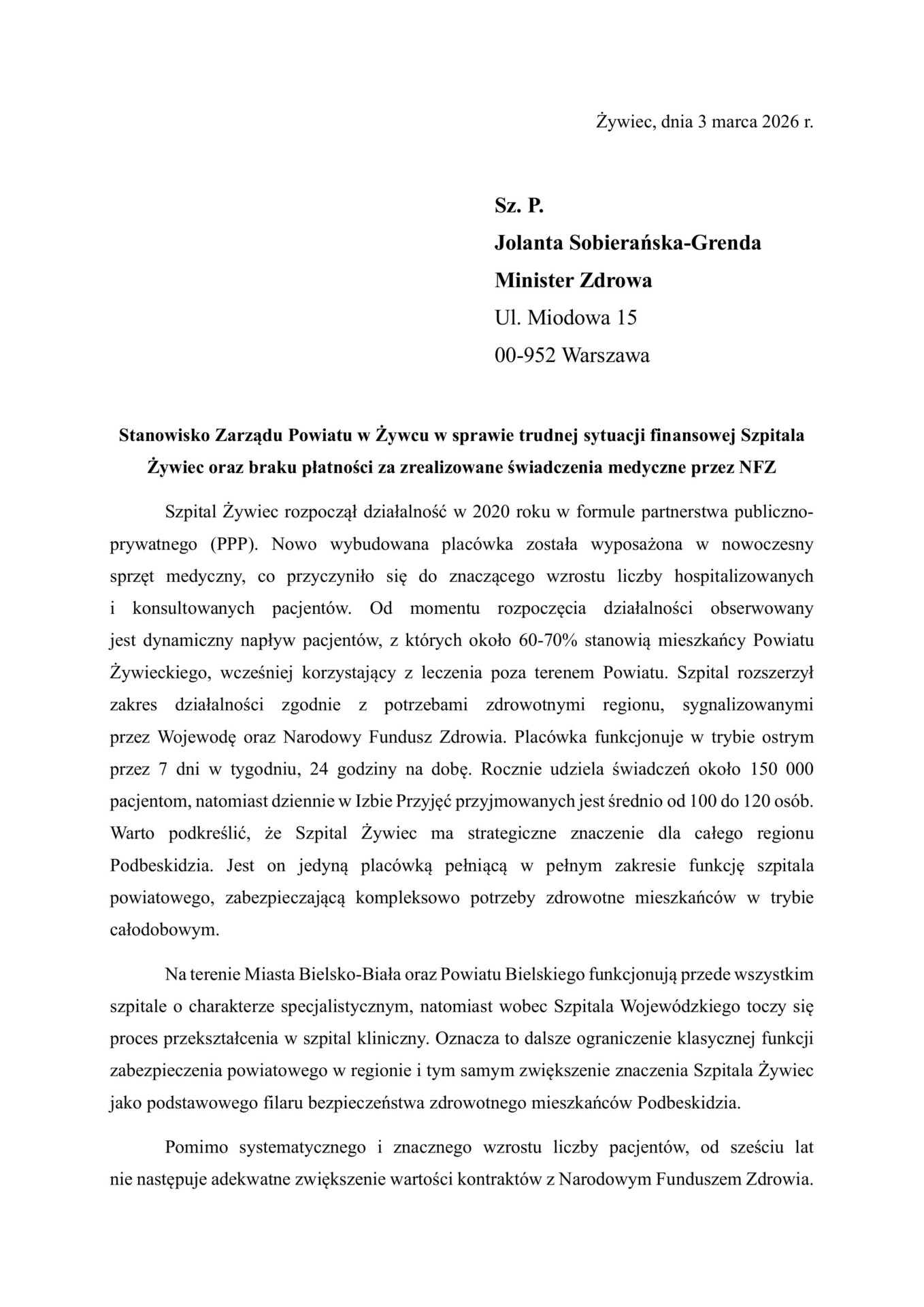 Zarząd Powiatu Żywieckiego pisze do minister zdrowia