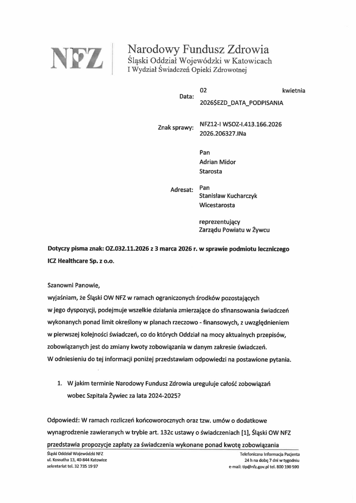 Pisali do minister zdrowia o Szpitalu Żywiec. A tak odpowiedział… NFZ