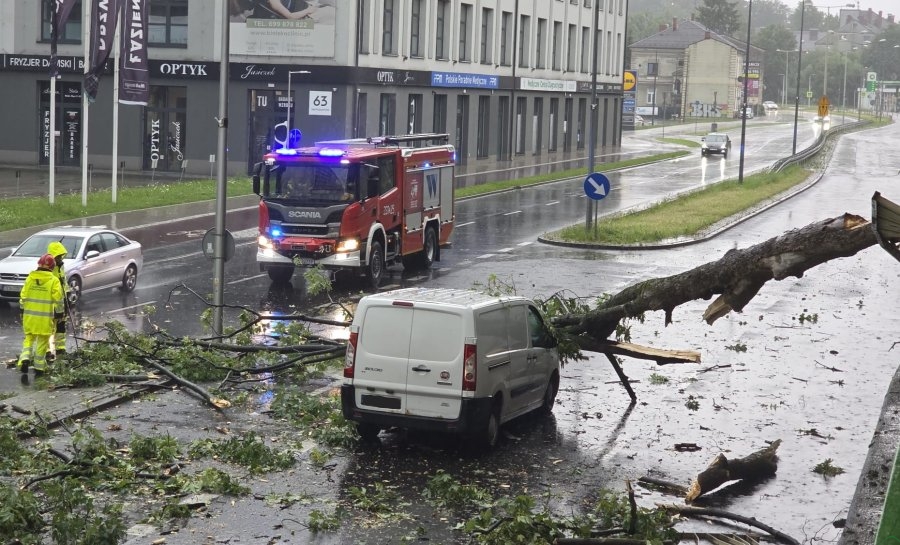 Z ostatniej chwili: O krok od tragedii w Bielsku-Białej! Drzewo spadło na jadące auto, ulica zablokowana!