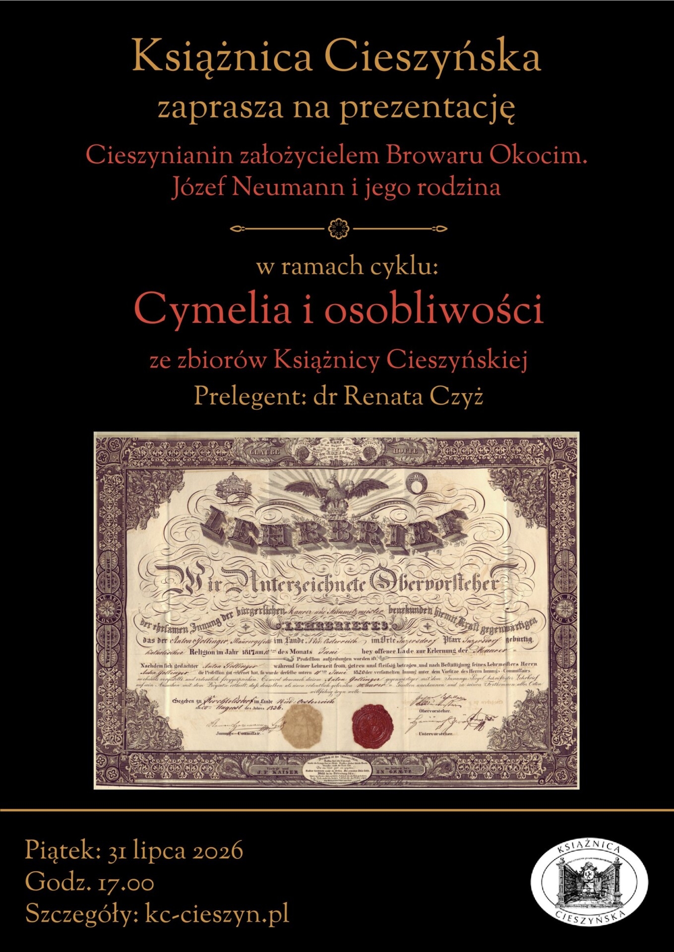 Jak cieszyński kupiec stworzył Browar Okocim? Spotkanie w Książnicy Cieszyńskiej