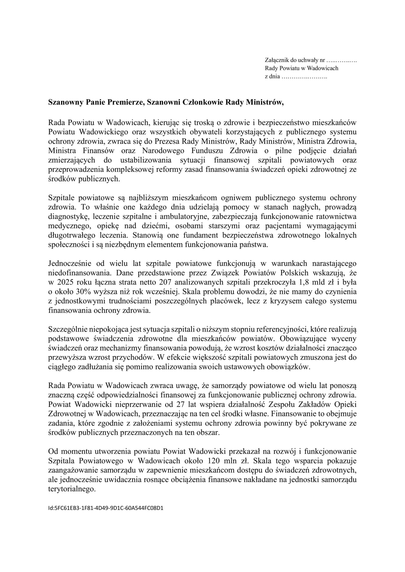 Rada Powiatu Wadowickiego ze szpitalnym apelem
