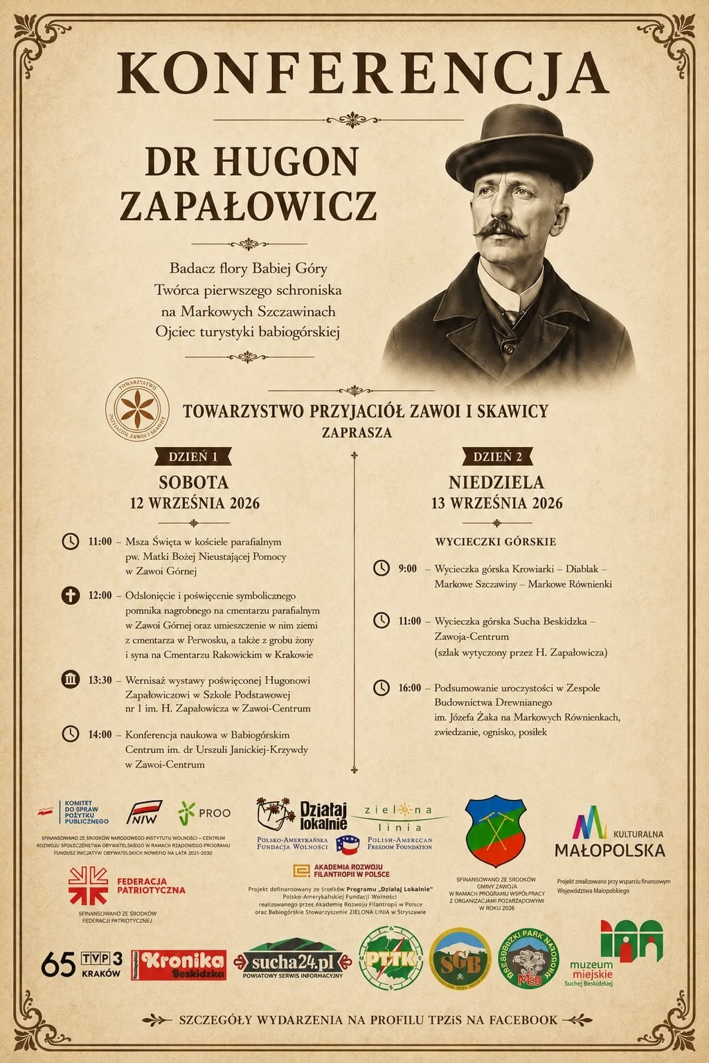 W Zawoi uczczą pamięć Hugona Zapałowicza – SZCZEGÓŁOWY PROGRAM