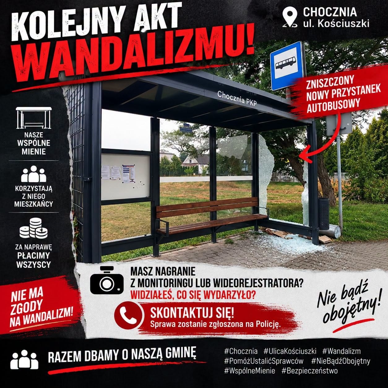 Kolejny akt wandalizmu w Choczni. Apel o filmy lub zdjęcia