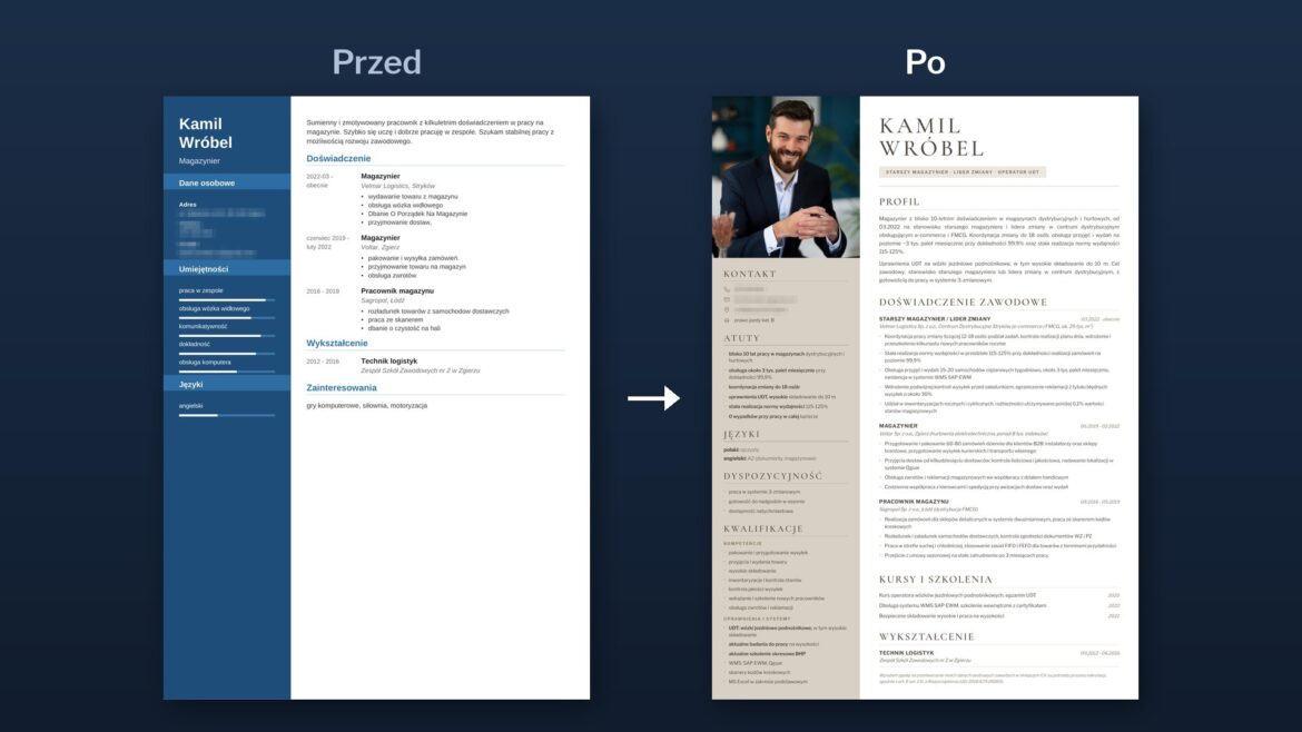Porównanie CV magazyniera przed zmianami i po nich