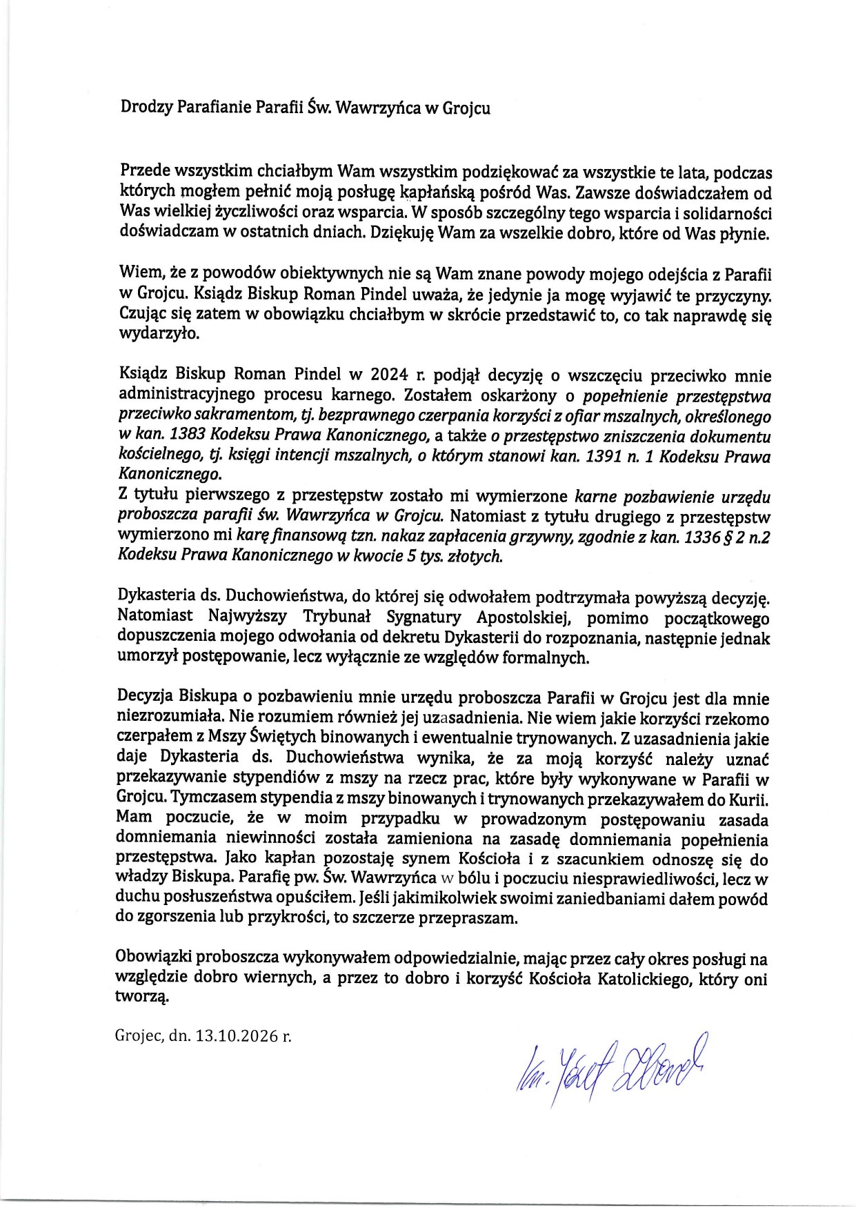 Proboszcz z Grojca z oświadczeniem